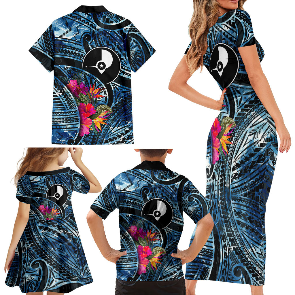 Yap Day Island Floral Tribal Heritage Family Matching Short Sleeve Bodycon Dress and Hawaiian Shirt Micronesian Hibiscus Pattern Polynesian Tattoo Blue Art