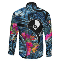 Yap Day Island Floral Tribal Heritage Family Matching Tank Maxi Dress and Hawaiian Shirt Micronesian Hibiscus Pattern Polynesian Tattoo Blue Art