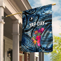 Yap Day Island Floral Tribal Heritage Garden Flag Micronesian Hibiscus Pattern Polynesian Tattoo Blue Art TS04 House Flag Black Blue - Polynesian Pride
