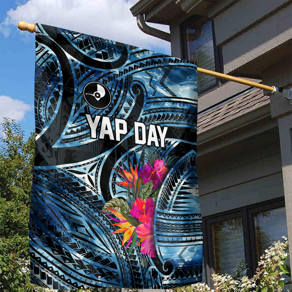 Yap Day Island Floral Tribal Heritage Garden Flag Micronesian Hibiscus Pattern Polynesian Tattoo Blue Art TS04 - Polynesian Pride