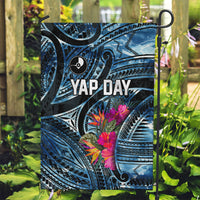 Yap Day Island Floral Tribal Heritage Garden Flag Micronesian Hibiscus Pattern Polynesian Tattoo Blue Art TS04 Garden Flag Black Blue - Polynesian Pride
