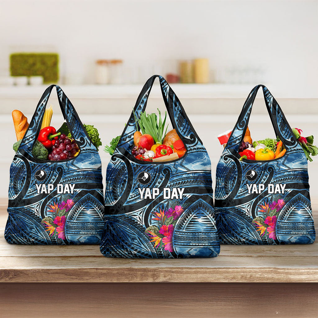 Yap Day Island Floral Tribal Heritage Grocery Bag Micronesian Hibiscus Pattern Polynesian Tattoo Blue Art TS04 3-pack One Size Black Blue - Polynesian Pride