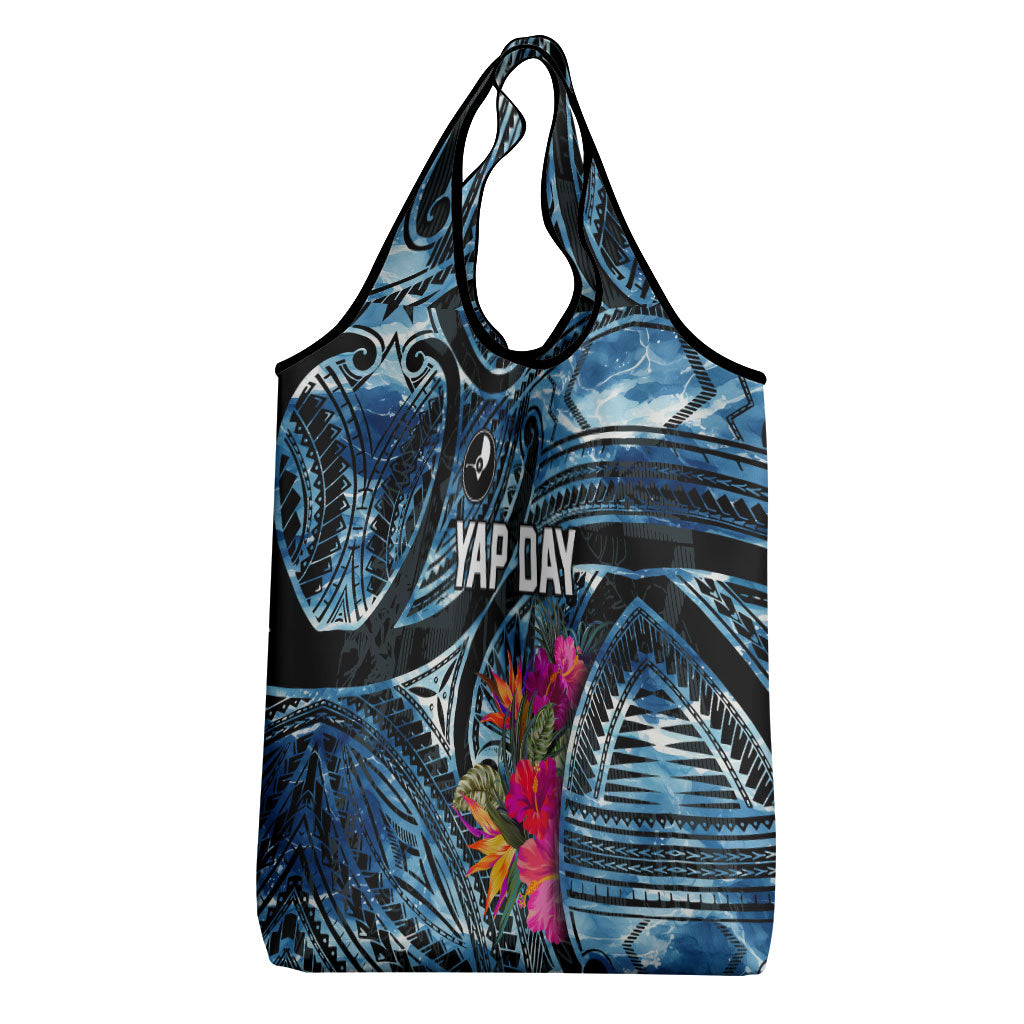 Yap Day Island Floral Tribal Heritage Grocery Bag Micronesian Hibiscus Pattern Polynesian Tattoo Blue Art TS04 - Polynesian Pride
