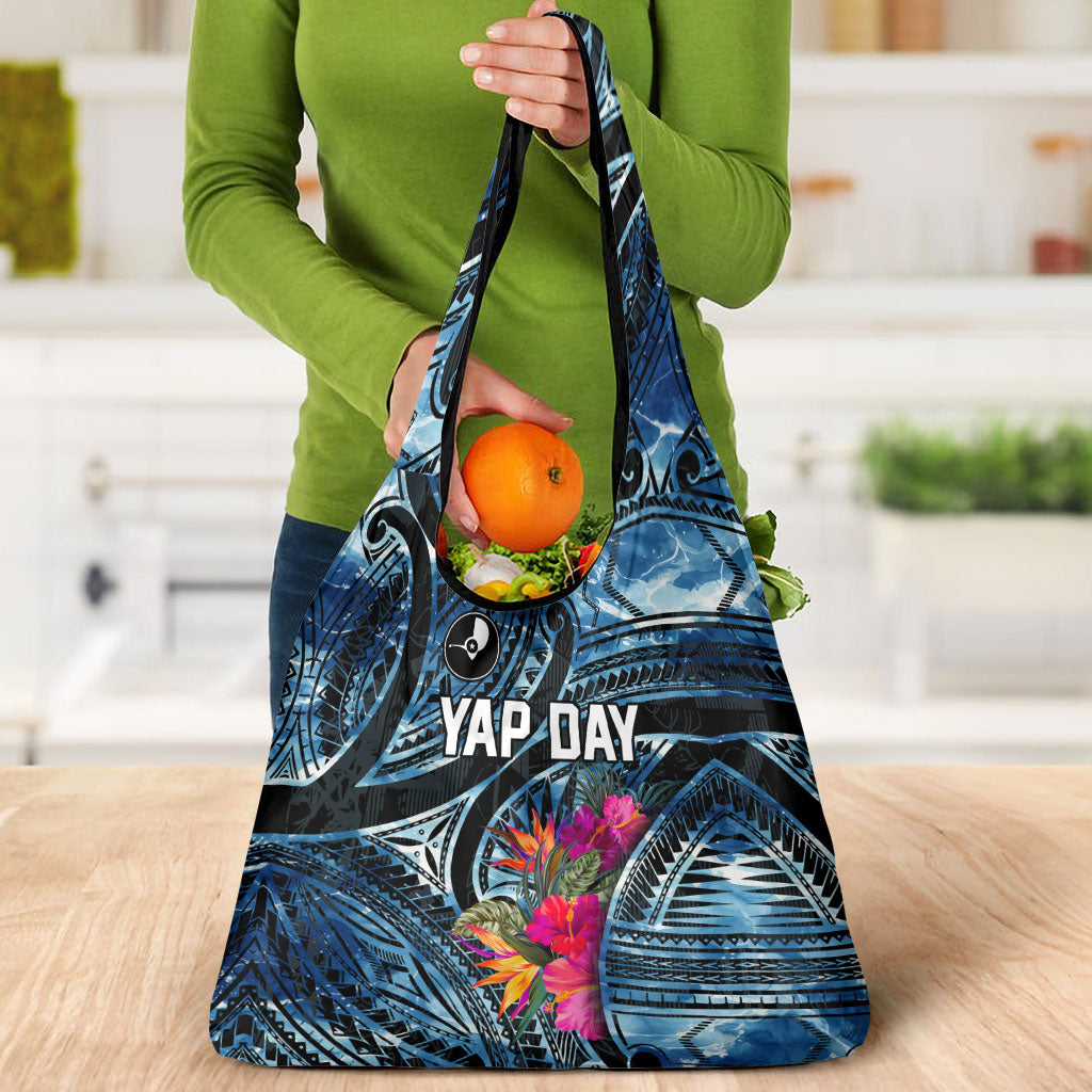 Yap Day Island Floral Tribal Heritage Grocery Bag Micronesian Hibiscus Pattern Polynesian Tattoo Blue Art TS04 - Polynesian Pride