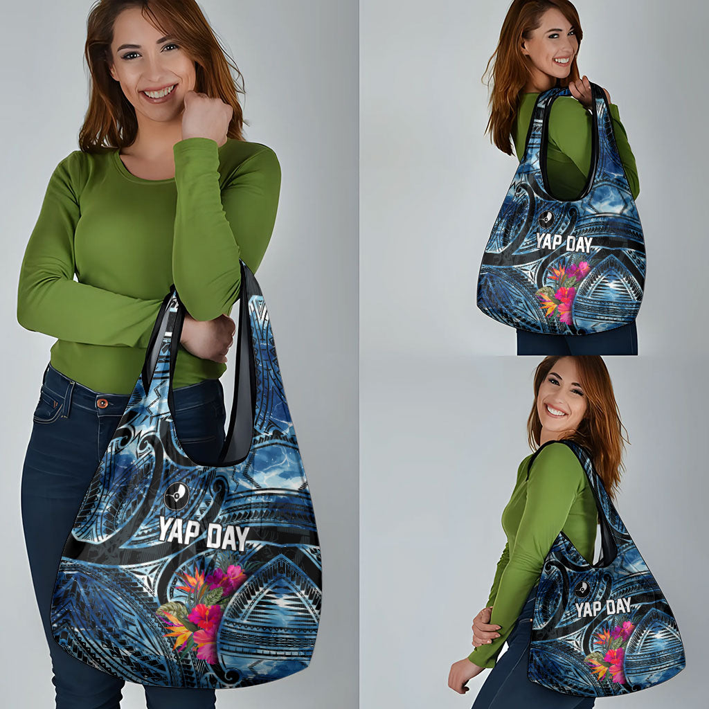 Yap Day Island Floral Tribal Heritage Grocery Bag Micronesian Hibiscus Pattern Polynesian Tattoo Blue Art TS04 - Polynesian Pride