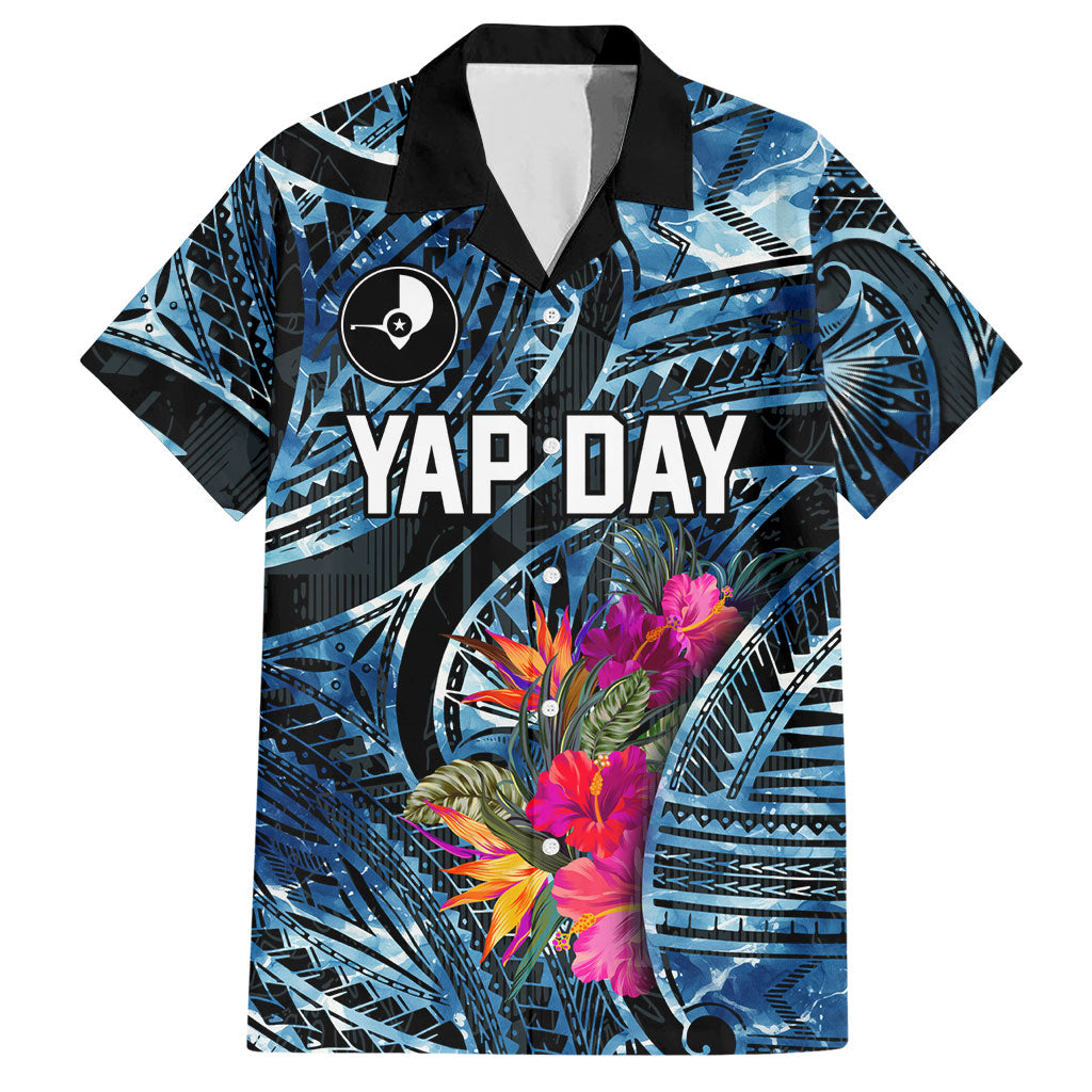 Yap Day Island Floral Tribal Heritage Hawaiian Shirt Micronesian Hibiscus Pattern Polynesian Tattoo Blue Art TS04 Black Blue - Polynesian Pride