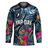 Yap Day Island Floral Tribal Heritage Hockey Jersey Micronesian Hibiscus Pattern Polynesian Tattoo Blue Art TS04 Unisex Black Blue - Polynesian Pride