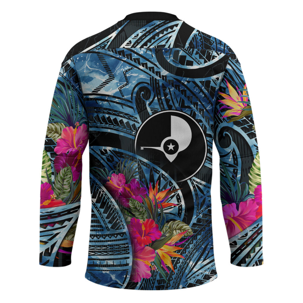 Yap Day Island Floral Tribal Heritage Hockey Jersey Micronesian Hibiscus Pattern Polynesian Tattoo Blue Art TS04 - Polynesian Pride