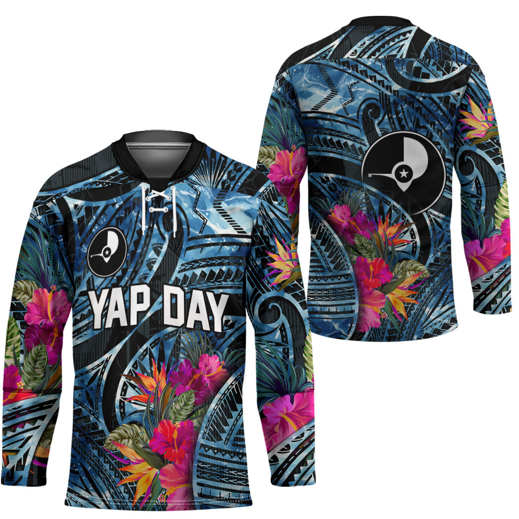 Yap Day Island Floral Tribal Heritage Hockey Jersey Micronesian Hibiscus Pattern Polynesian Tattoo Blue Art TS04 - Polynesian Pride