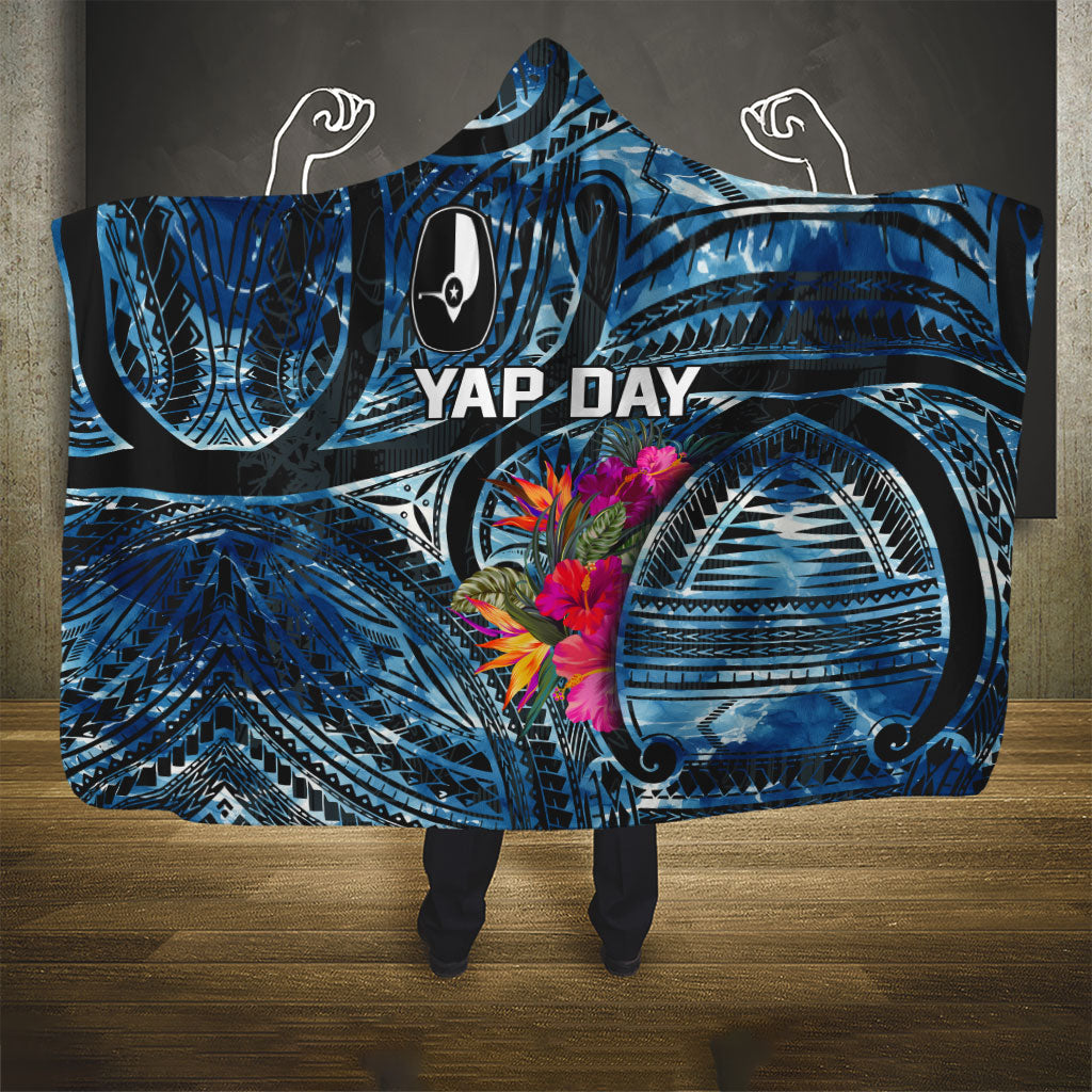Yap Day Island Floral Tribal Heritage Hooded Blanket Micronesian Hibiscus Pattern Polynesian Tattoo Blue Art TS04 - Polynesian Pride