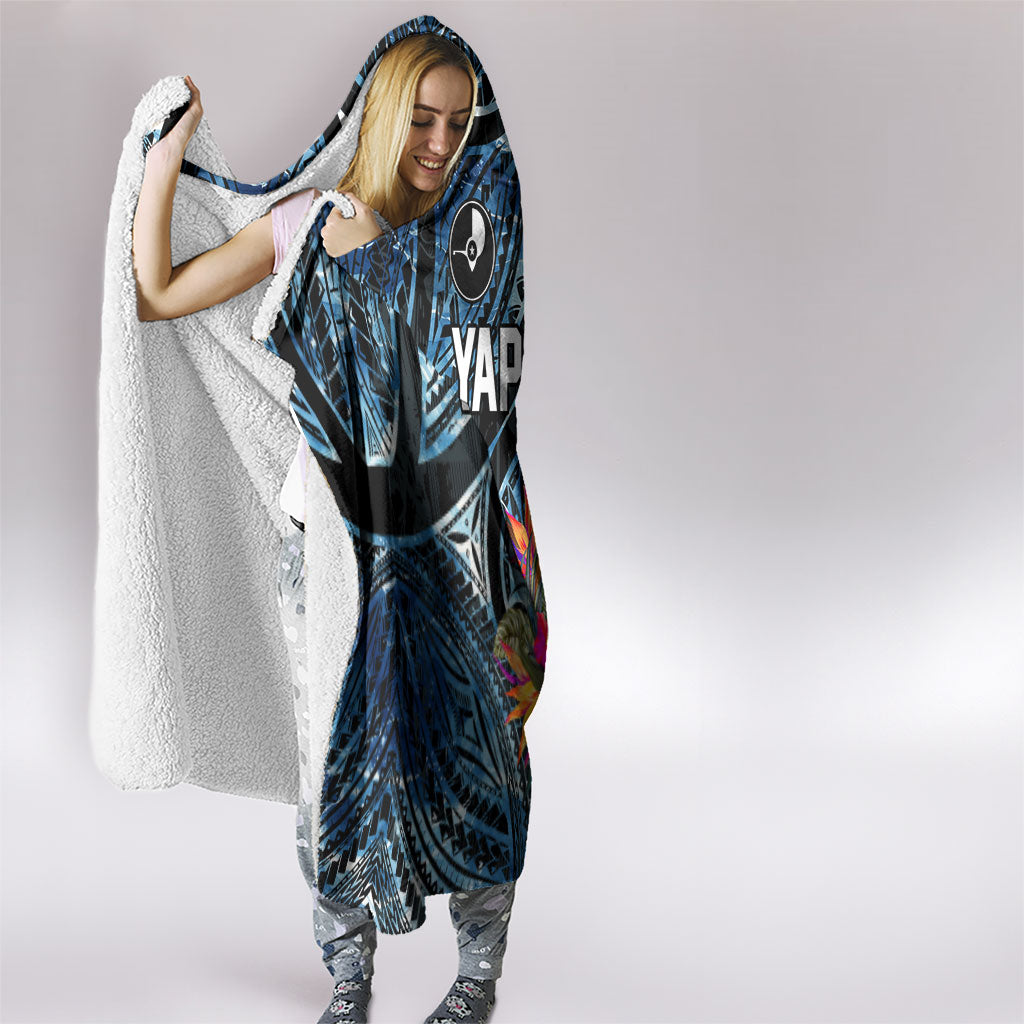 Yap Day Island Floral Tribal Heritage Hooded Blanket Micronesian Hibiscus Pattern Polynesian Tattoo Blue Art TS04 - Polynesian Pride