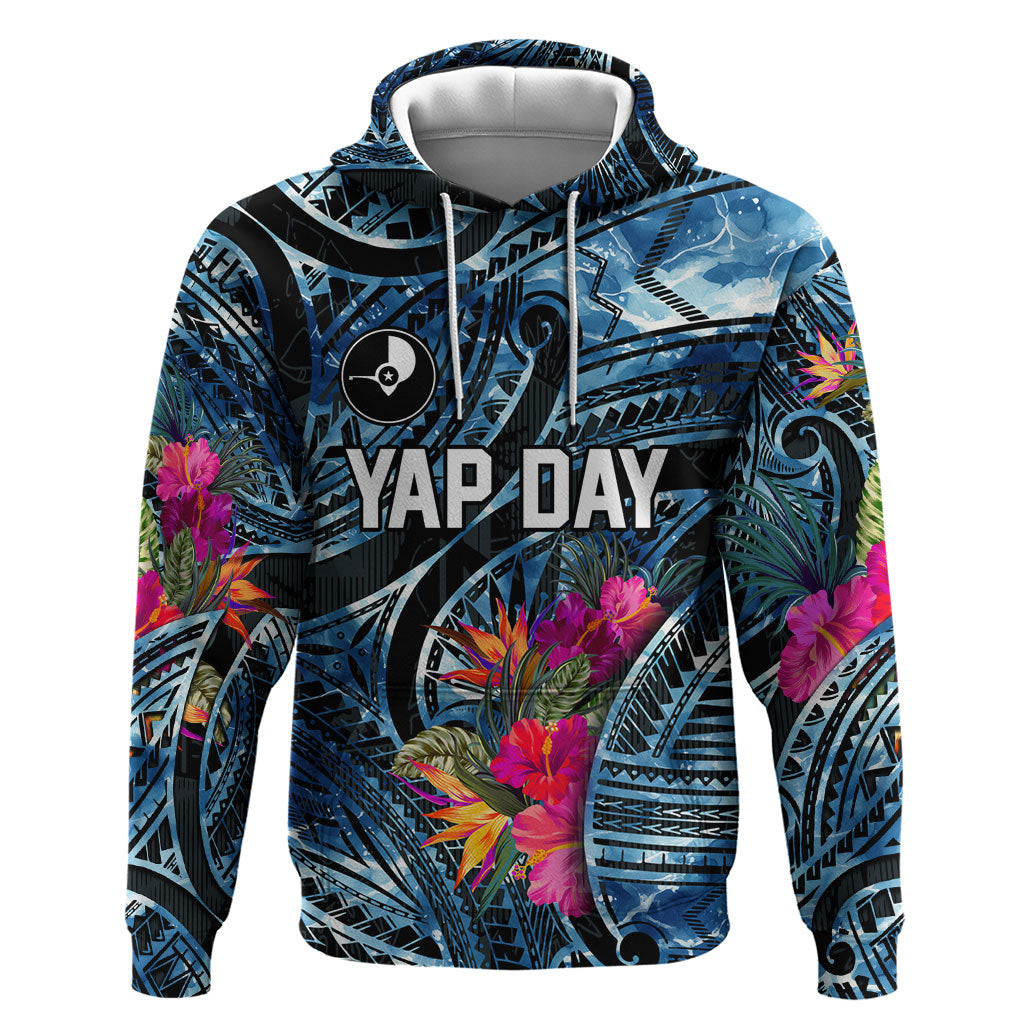 Yap Day Island Floral Tribal Heritage Hoodie Micronesian Hibiscus Pattern Polynesian Tattoo Blue Art TS04 Pullover Hoodie Black Blue - Polynesian Pride