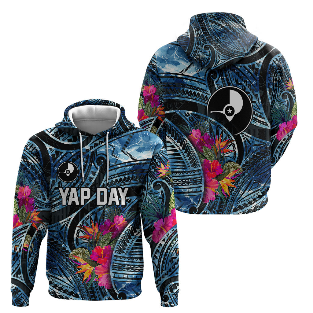 Yap Day Island Floral Tribal Heritage Hoodie Micronesian Hibiscus Pattern Polynesian Tattoo Blue Art TS04 - Polynesian Pride