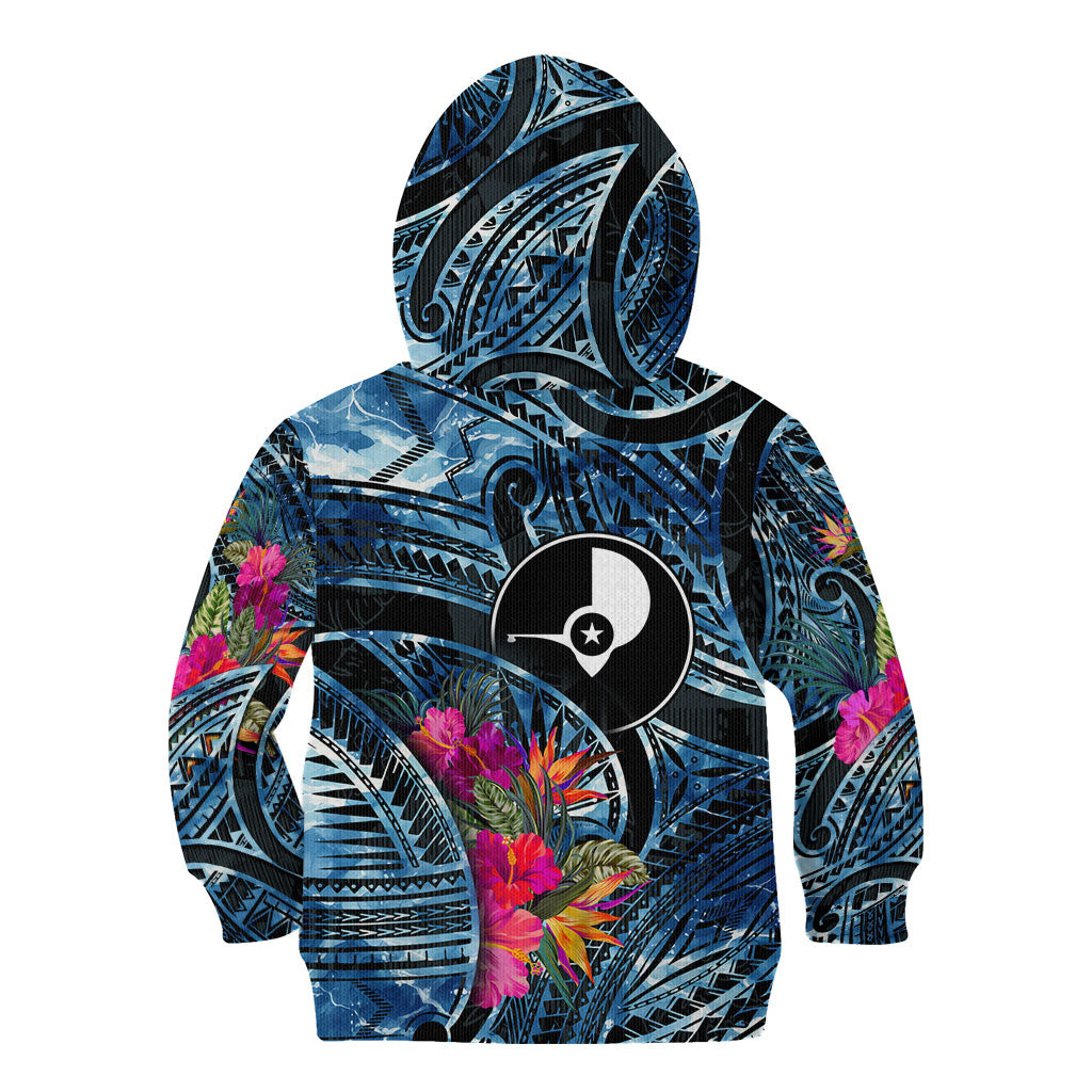 Yap Day Island Floral Tribal Heritage Kid Hoodie Micronesian Hibiscus Pattern Polynesian Tattoo Blue Art TS04 - Polynesian Pride