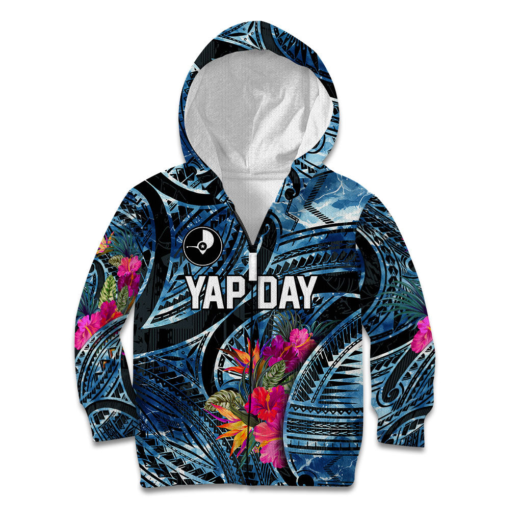 Yap Day Island Floral Tribal Heritage Kid Hoodie Micronesian Hibiscus Pattern Polynesian Tattoo Blue Art TS04 Zip Hoodie Black Blue - Polynesian Pride