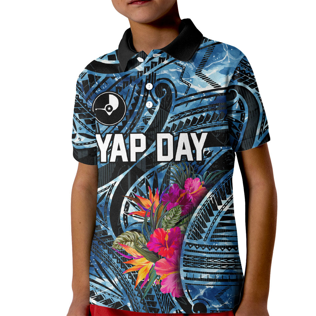 Yap Day Island Floral Tribal Heritage Kid Polo Shirt Micronesian Hibiscus Pattern Polynesian Tattoo Blue Art TS04 Kid Black Blue - Polynesian Pride