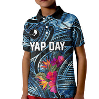 Yap Day Island Floral Tribal Heritage Kid Polo Shirt Micronesian Hibiscus Pattern Polynesian Tattoo Blue Art TS04 Kid Black Blue - Polynesian Pride