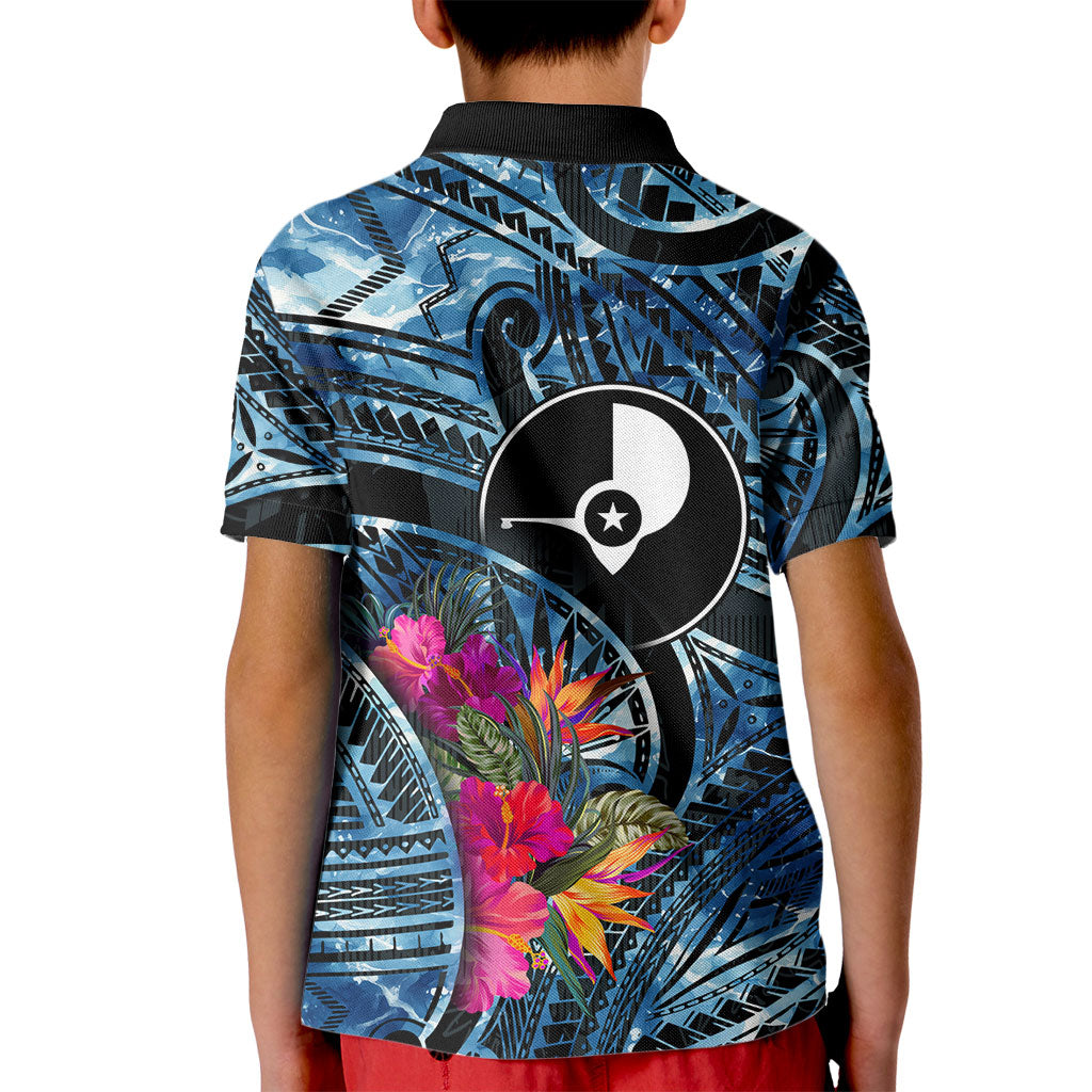 Yap Day Island Floral Tribal Heritage Kid Polo Shirt Micronesian Hibiscus Pattern Polynesian Tattoo Blue Art TS04 - Polynesian Pride