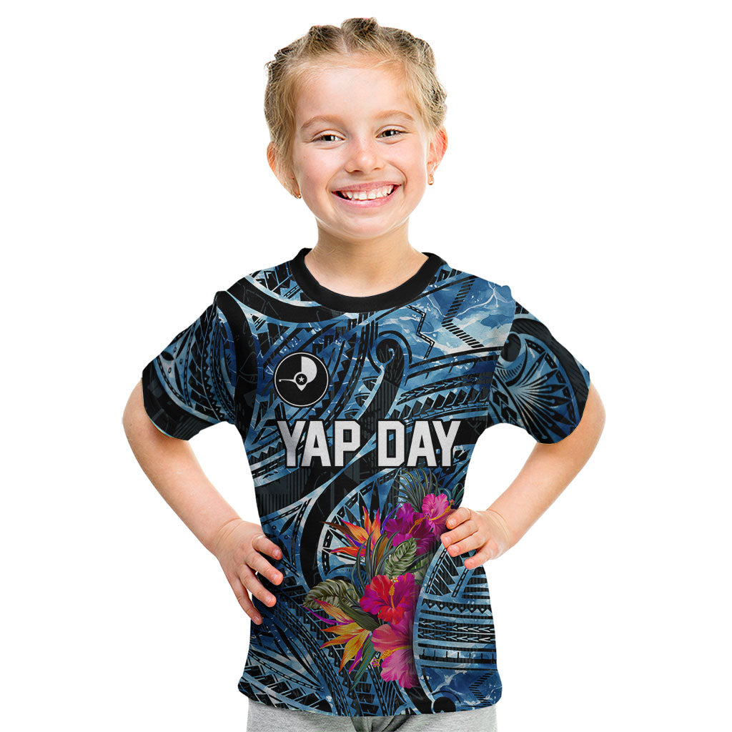 Yap Day Island Floral Tribal Heritage Kid T Shirt Micronesian Hibiscus Pattern Polynesian Tattoo Blue Art TS04 Black Blue - Polynesian Pride