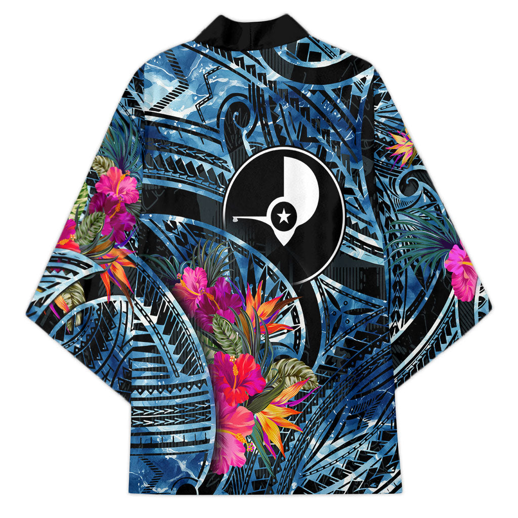 Yap Day Island Floral Tribal Heritage Kimono Micronesian Hibiscus Pattern Polynesian Tattoo Blue Art TS04 - Polynesian Pride