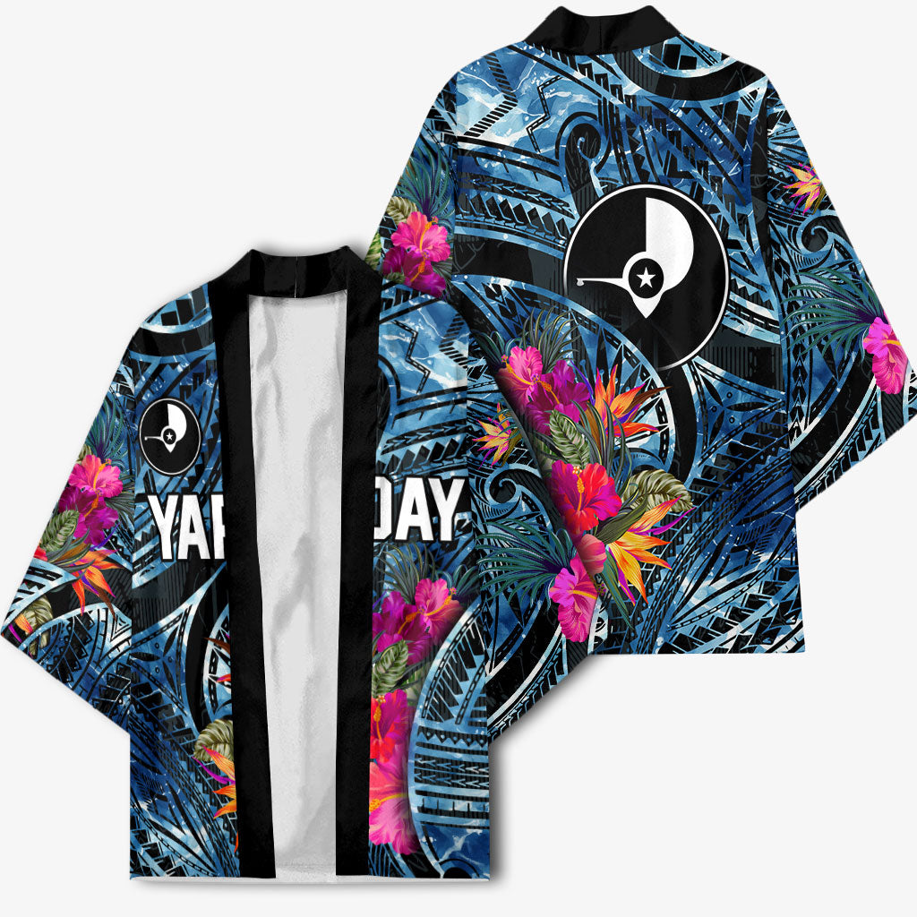 Yap Day Island Floral Tribal Heritage Kimono Micronesian Hibiscus Pattern Polynesian Tattoo Blue Art TS04 - Polynesian Pride
