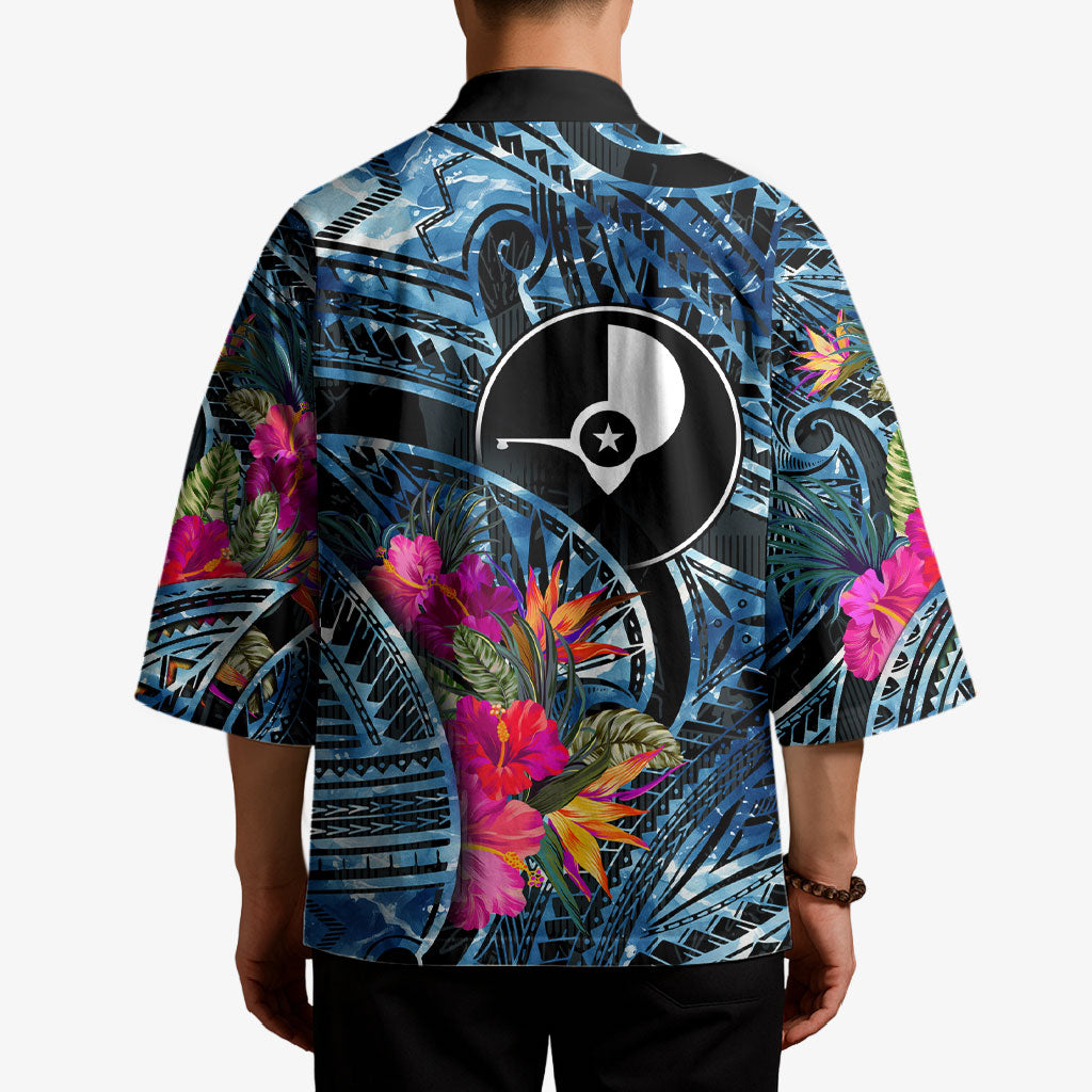 Yap Day Island Floral Tribal Heritage Kimono Micronesian Hibiscus Pattern Polynesian Tattoo Blue Art TS04 - Polynesian Pride