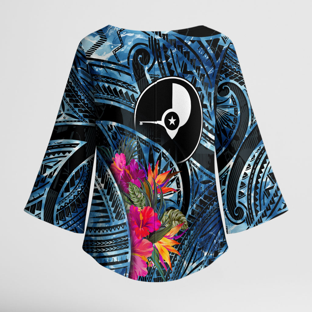 Yap Day Island Floral Tribal Heritage Kimono Sleeve Blouse Micronesian Hibiscus Pattern Polynesian Tattoo Blue Art TS04 - Polynesian Pride