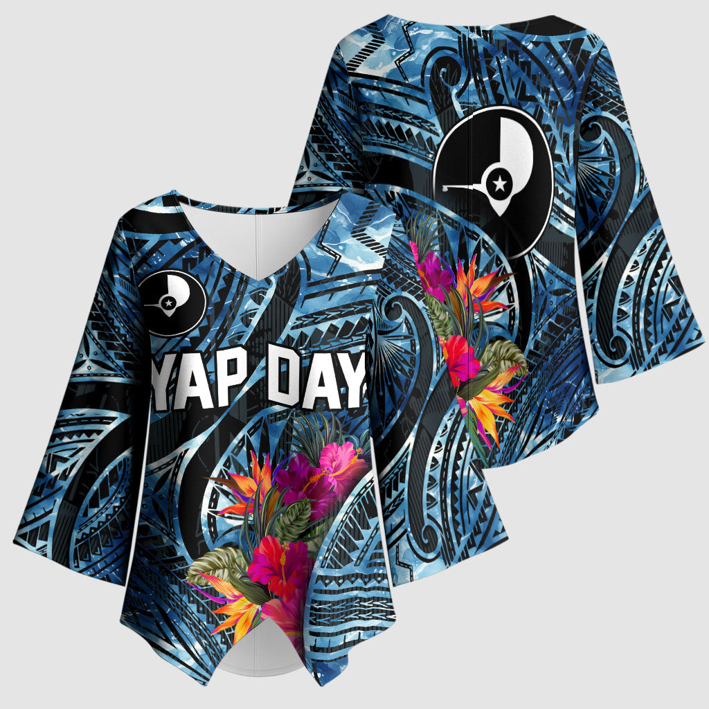 Yap Day Island Floral Tribal Heritage Kimono Sleeve Blouse Micronesian Hibiscus Pattern Polynesian Tattoo Blue Art TS04 - Polynesian Pride