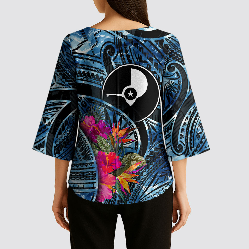 Yap Day Island Floral Tribal Heritage Kimono Sleeve Blouse Micronesian Hibiscus Pattern Polynesian Tattoo Blue Art TS04 - Polynesian Pride