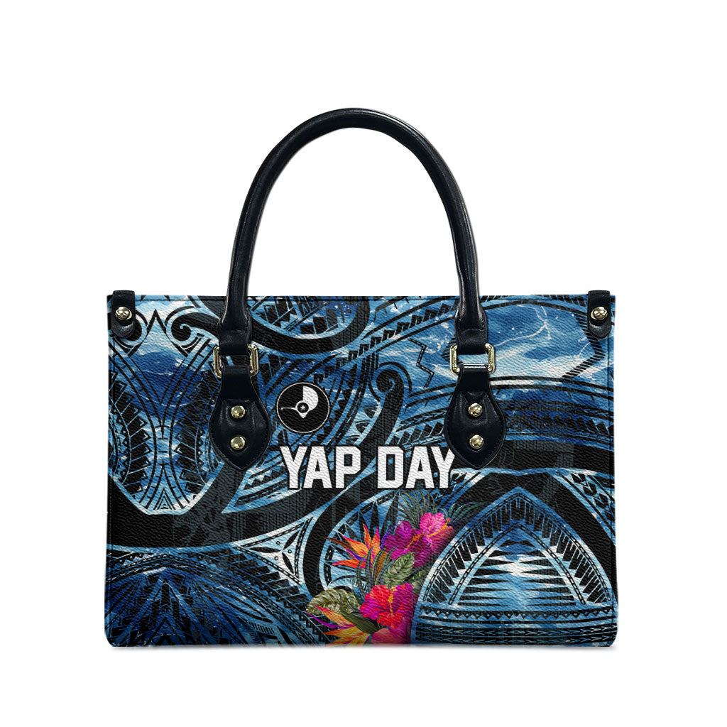 Yap Day Island Floral Tribal Heritage Leather Bag Micronesian Hibiscus Pattern Polynesian Tattoo Blue Art TS04 - Polynesian Pride