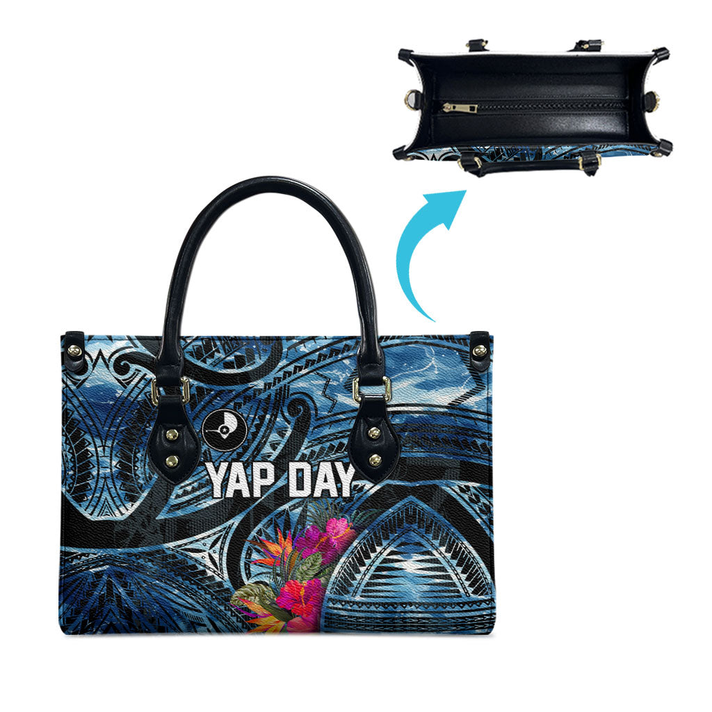 Yap Day Island Floral Tribal Heritage Leather Bag Micronesian Hibiscus Pattern Polynesian Tattoo Blue Art TS04 - Polynesian Pride
