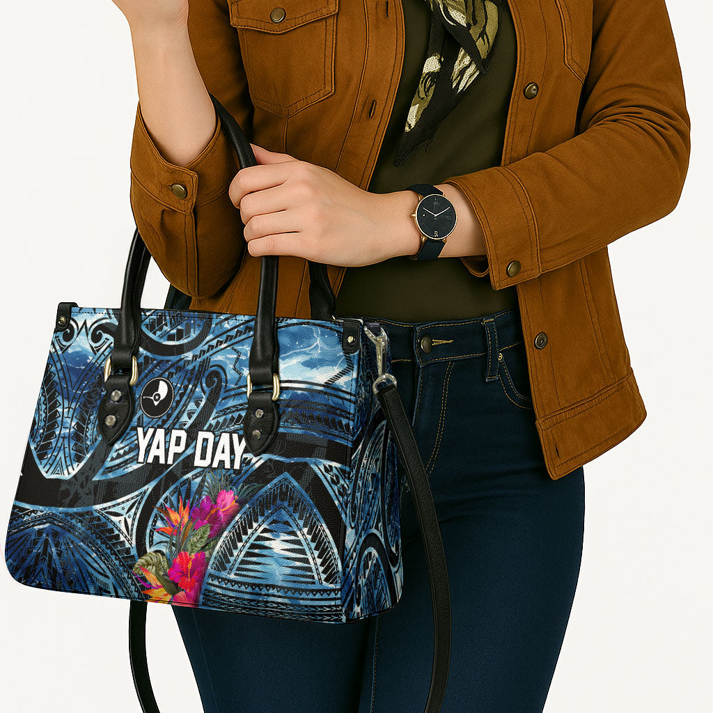 Yap Day Island Floral Tribal Heritage Leather Bag Micronesian Hibiscus Pattern Polynesian Tattoo Blue Art TS04 - Polynesian Pride