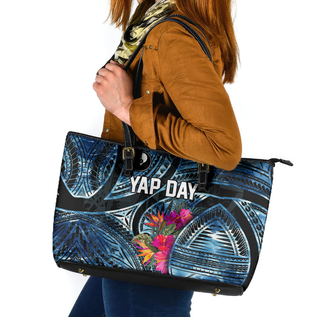 Yap Day Island Floral Tribal Heritage Leather Tote Bag Micronesian Hibiscus Pattern Polynesian Tattoo Blue Art TS04 Black Blue - Polynesian Pride