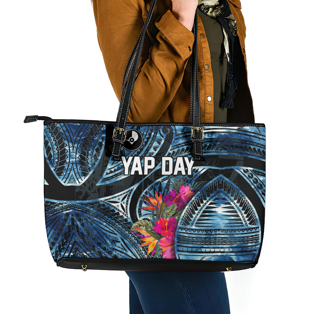 Yap Day Island Floral Tribal Heritage Leather Tote Bag Micronesian Hibiscus Pattern Polynesian Tattoo Blue Art TS04 - Polynesian Pride