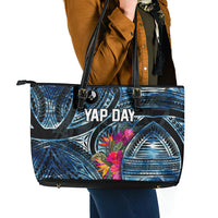 Yap Day Island Floral Tribal Heritage Leather Tote Bag Micronesian Hibiscus Pattern Polynesian Tattoo Blue Art TS04 - Polynesian Pride