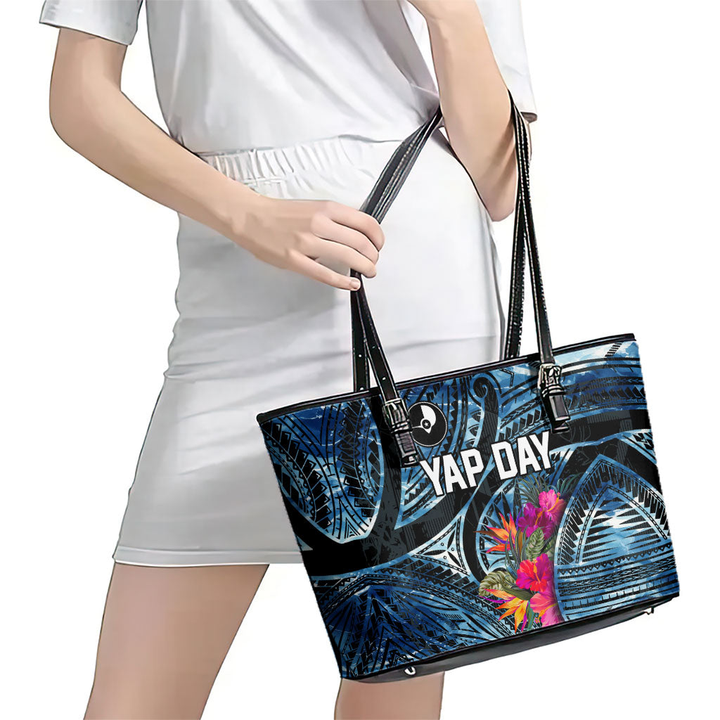 Yap Day Island Floral Tribal Heritage Leather Tote Bag Micronesian Hibiscus Pattern Polynesian Tattoo Blue Art TS04 - Polynesian Pride