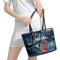 Yap Day Island Floral Tribal Heritage Leather Tote Bag Micronesian Hibiscus Pattern Polynesian Tattoo Blue Art TS04 - Polynesian Pride