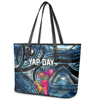Yap Day Island Floral Tribal Heritage Leather Tote Bag Micronesian Hibiscus Pattern Polynesian Tattoo Blue Art TS04 - Polynesian Pride