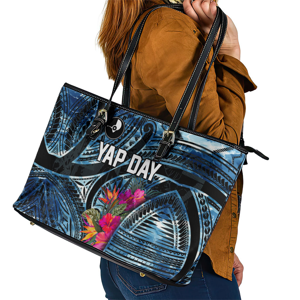 Yap Day Island Floral Tribal Heritage Leather Tote Bag Micronesian Hibiscus Pattern Polynesian Tattoo Blue Art TS04 - Polynesian Pride
