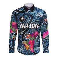 Yap Day Island Floral Tribal Heritage Long Sleeve Button Shirt Micronesian Hibiscus Pattern Polynesian Tattoo Blue Art TS04 Unisex Black Blue - Polynesian Pride