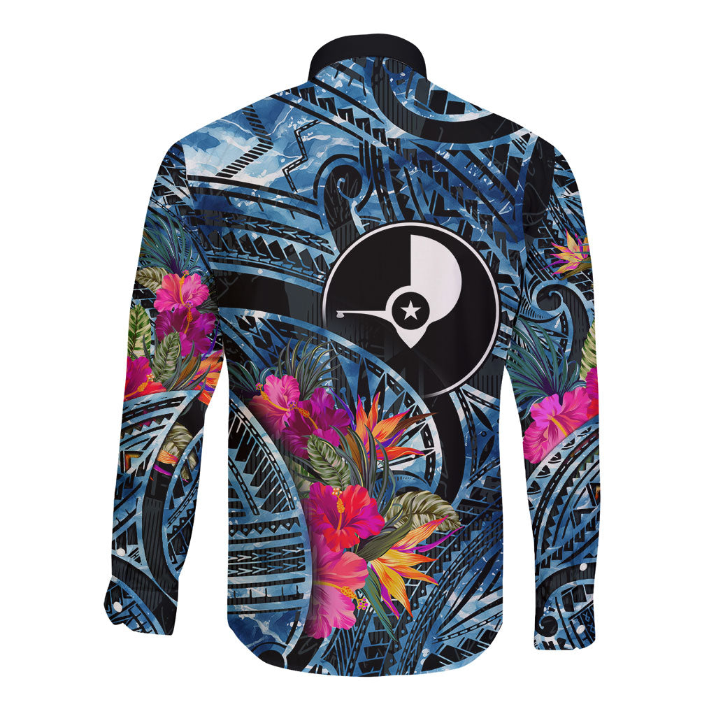 Yap Day Island Floral Tribal Heritage Long Sleeve Button Shirt Micronesian Hibiscus Pattern Polynesian Tattoo Blue Art TS04 - Polynesian Pride