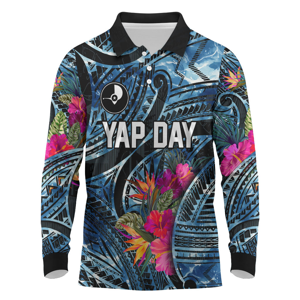 Yap Day Island Floral Tribal Heritage Long Sleeve Polo Shirt Micronesian Hibiscus Pattern Polynesian Tattoo Blue Art TS04 Black Blue - Polynesian Pride