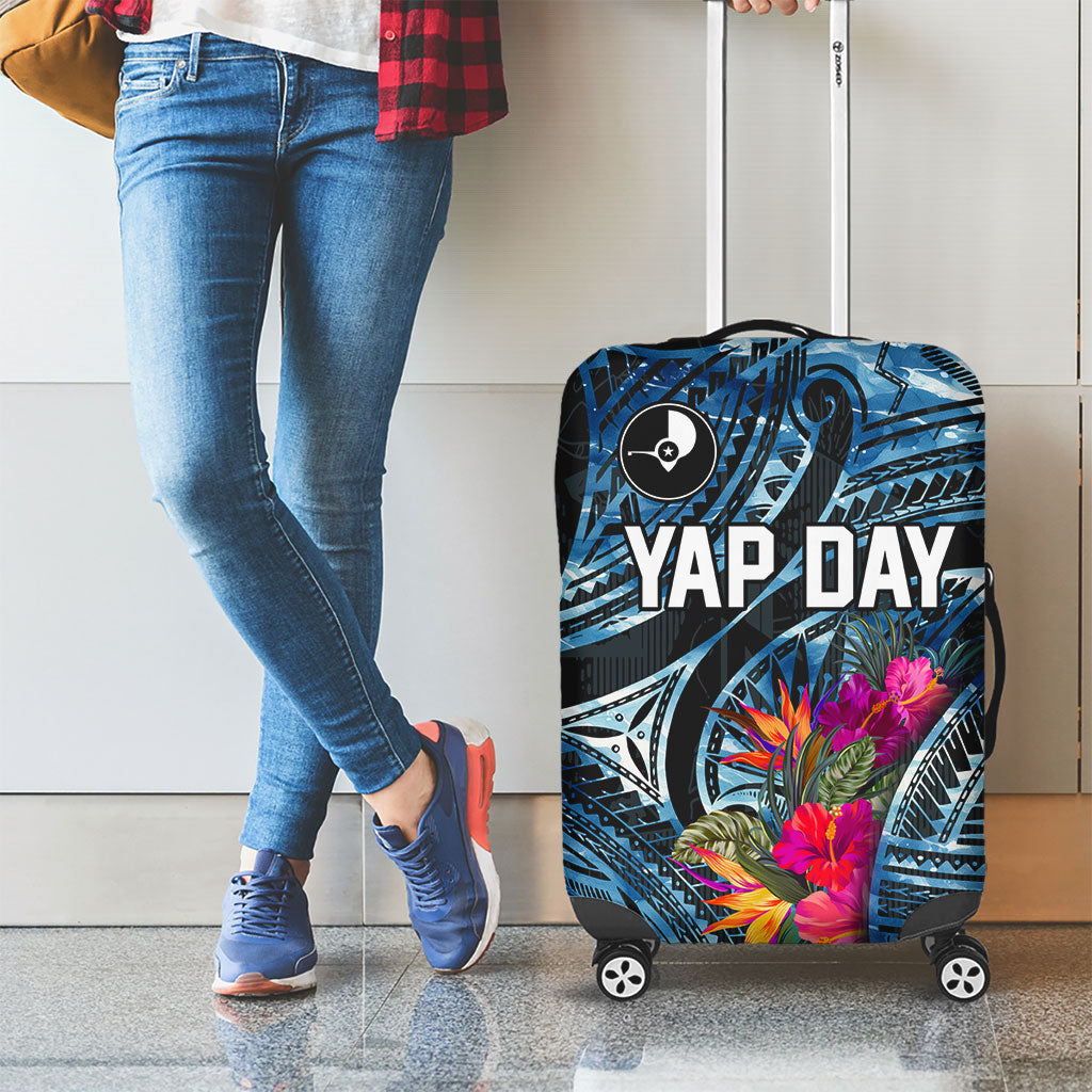Yap Day Island Floral Tribal Heritage Luggage Cover Micronesian Hibiscus Pattern Polynesian Tattoo Blue Art TS04 - Polynesian Pride
