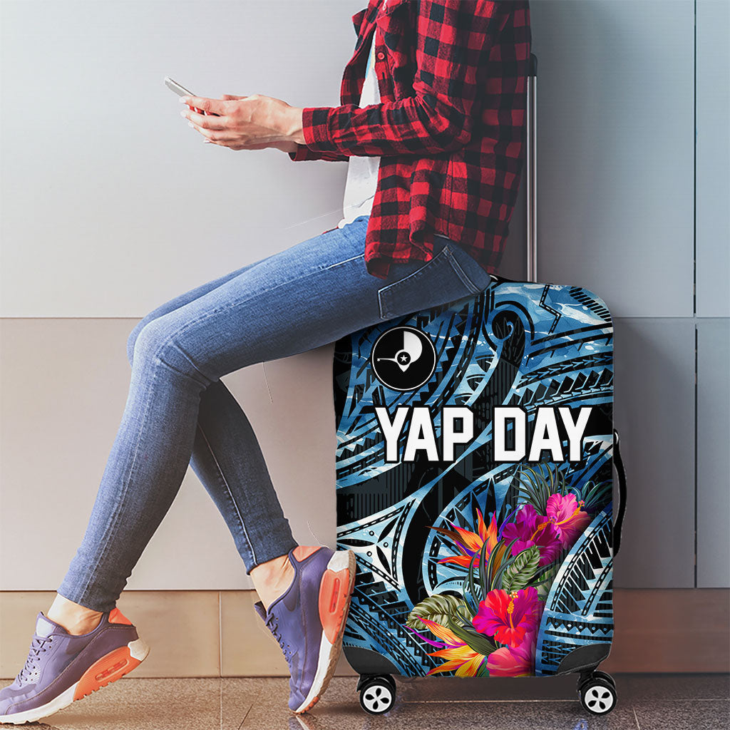 Yap Day Island Floral Tribal Heritage Luggage Cover Micronesian Hibiscus Pattern Polynesian Tattoo Blue Art TS04 - Polynesian Pride