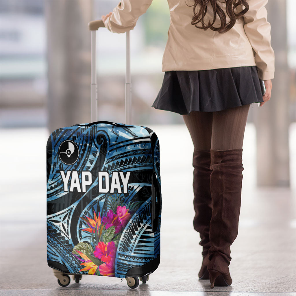 Yap Day Island Floral Tribal Heritage Luggage Cover Micronesian Hibiscus Pattern Polynesian Tattoo Blue Art TS04 - Polynesian Pride