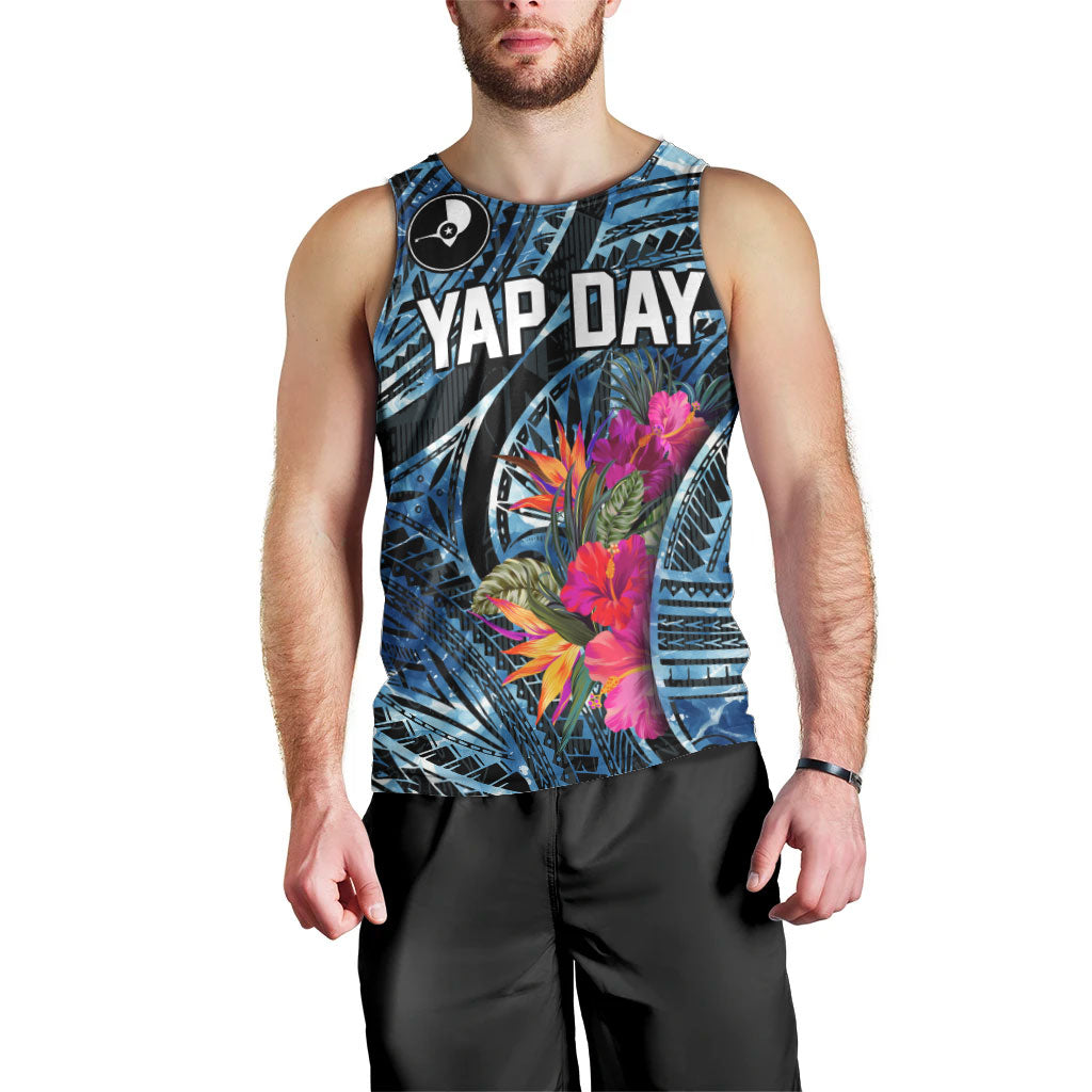 Yap Day Island Floral Tribal Heritage Men Tank Top Micronesian Hibiscus Pattern Polynesian Tattoo Blue Art TS04 - Polynesian Pride