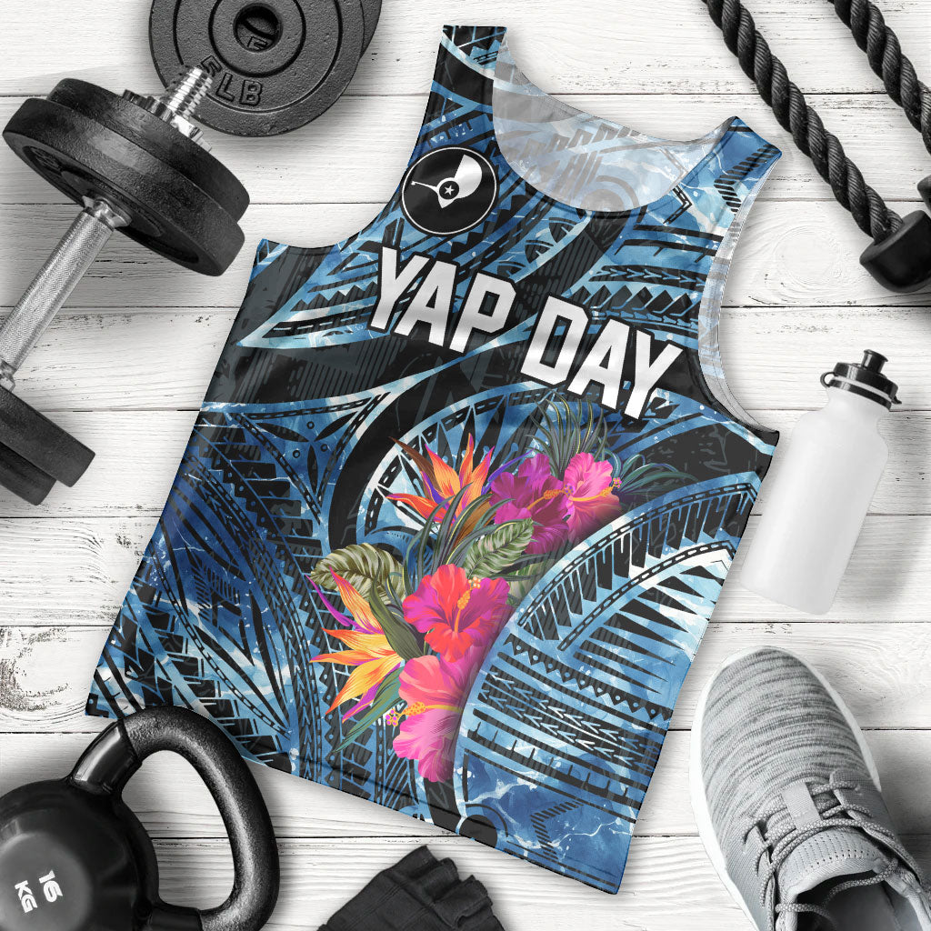 Yap Day Island Floral Tribal Heritage Men Tank Top Micronesian Hibiscus Pattern Polynesian Tattoo Blue Art TS04 - Polynesian Pride