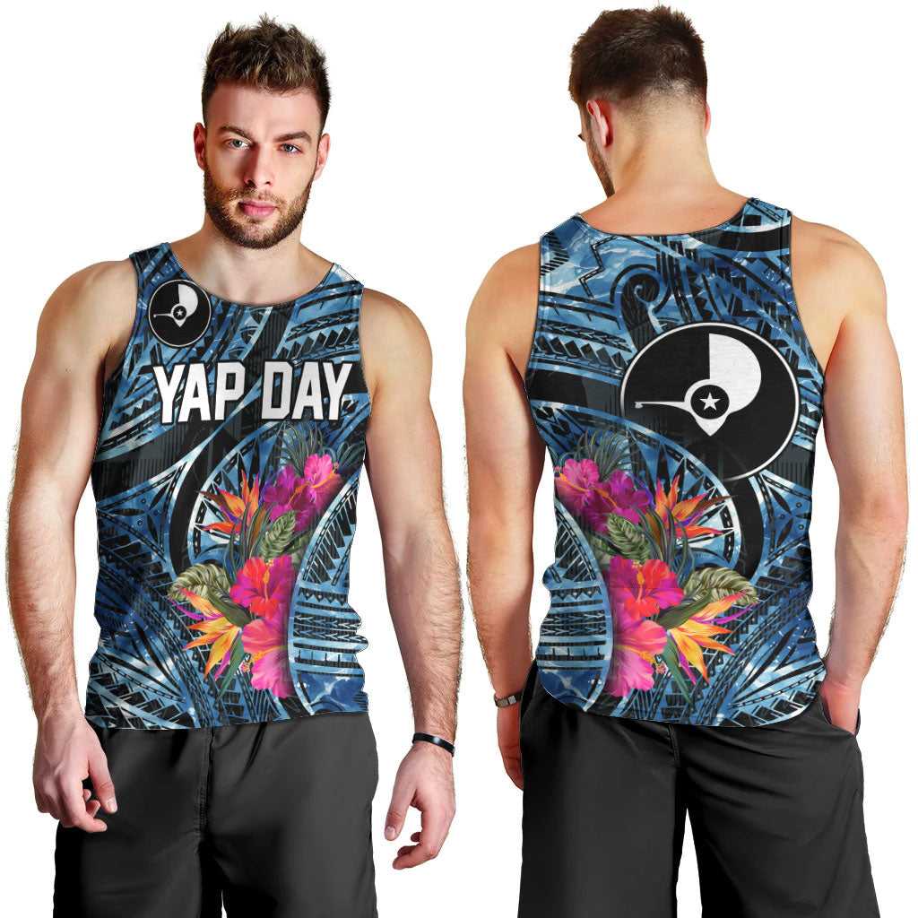 Yap Day Island Floral Tribal Heritage Men Tank Top Micronesian Hibiscus Pattern Polynesian Tattoo Blue Art TS04 - Polynesian Pride
