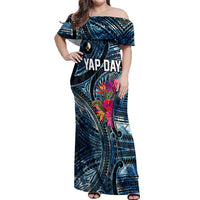 Yap Day Island Floral Tribal Heritage Off Shoulder Maxi Dress Micronesian Hibiscus Pattern Polynesian Tattoo Blue Art TS04 Women Black Blue - Polynesian Pride