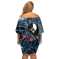 Yap Day Island Floral Tribal Heritage Off Shoulder Short Dress Micronesian Hibiscus Pattern Polynesian Tattoo Blue Art TS04 - Polynesian Pride